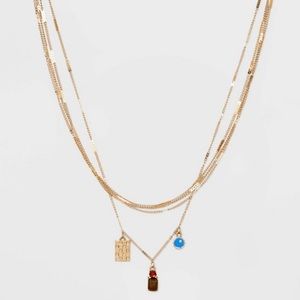 Checkerboard and Medallion Charm with Semi-Precious Tiger's Eye Chain Necklace